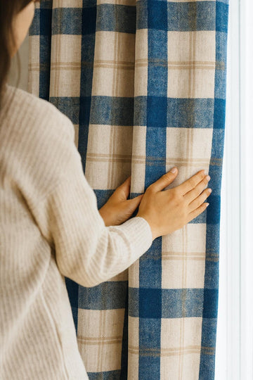 Farmhouse Linen Curtains, Navy Beige Plaid Checks (Blackout or Light Filtering) — image 1