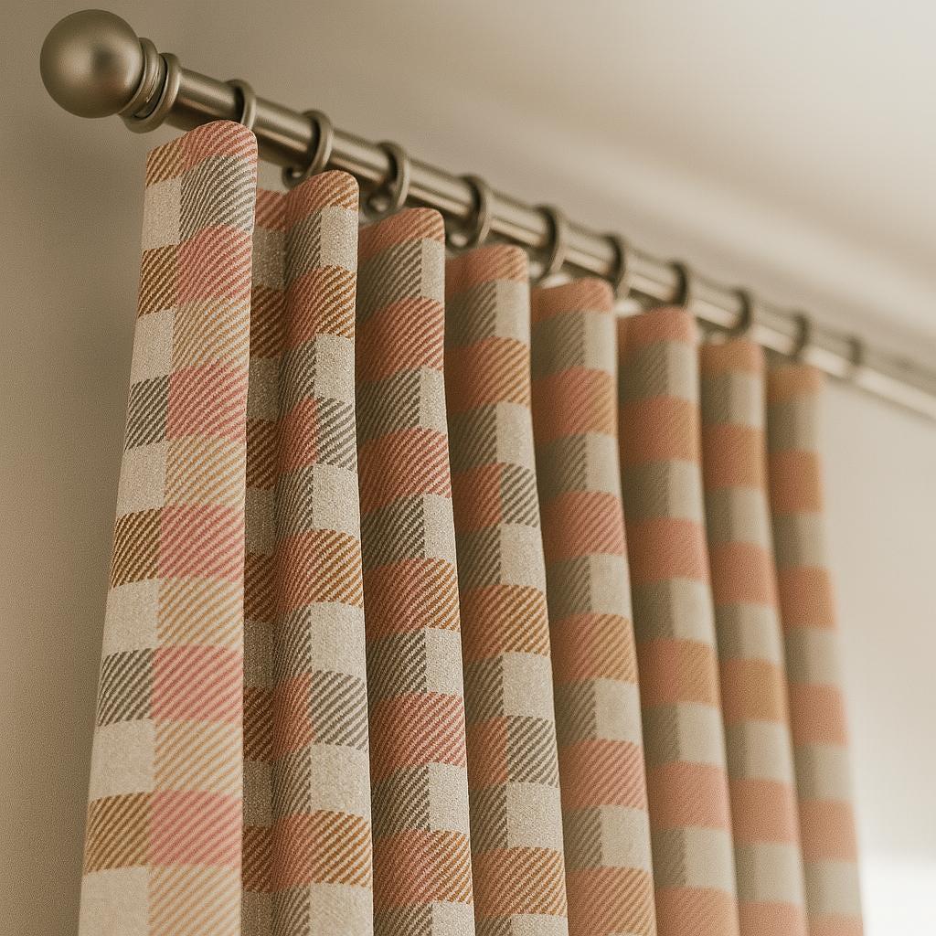 Plaid Linen Curtains, Blush Pink & Beige Gingham (Blackout, Custom Size) — image 1