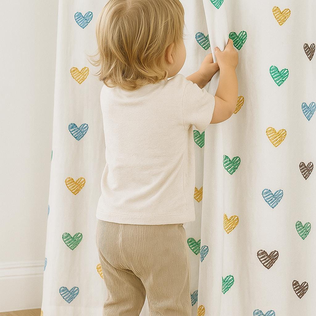 Nursery Linen Curtains, Embroidered Hearts, White Base (Custom Sizes) — image 1