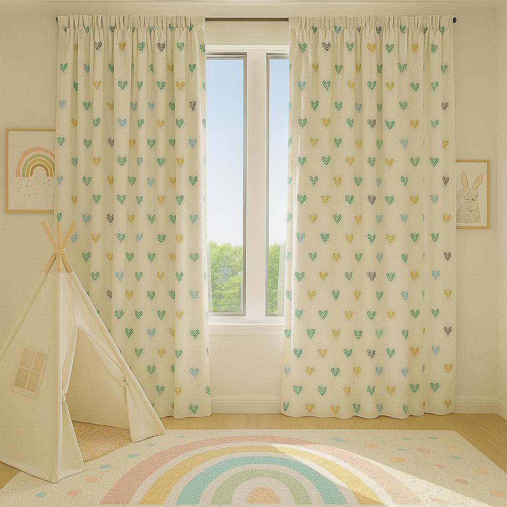 Nursery Linen Curtains, Embroidered Hearts, White Base (Custom Sizes) — image 8