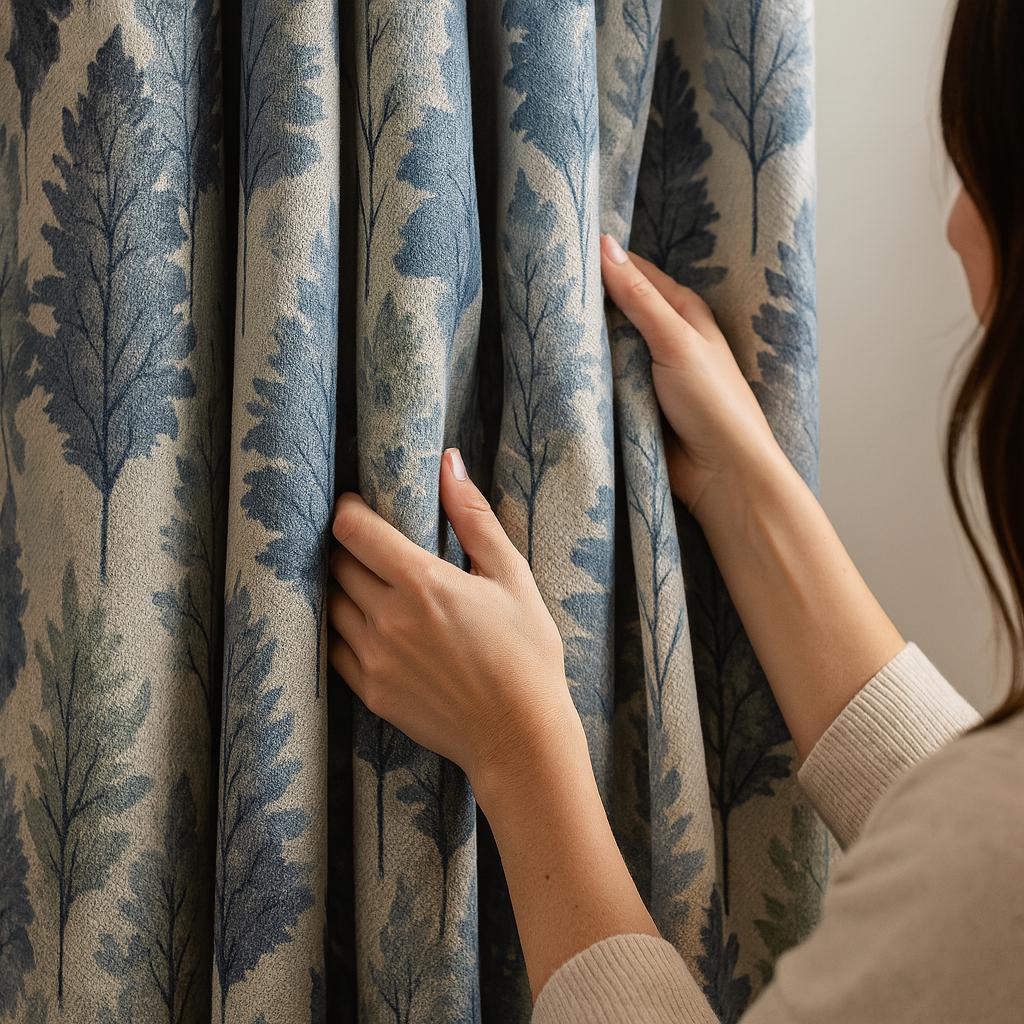 Pinch Pleated Curtains: Organic Linen with Blue Sage Forest Print (Single or Pair) — image 1
