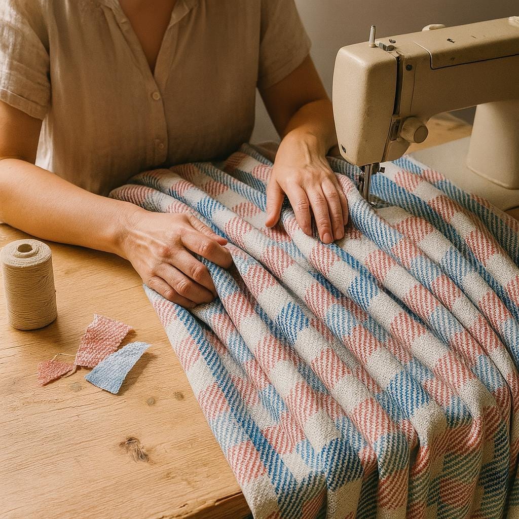 Gingham Curtains: Coral and Blue Velvet (Single Panel or Pair) — image 3