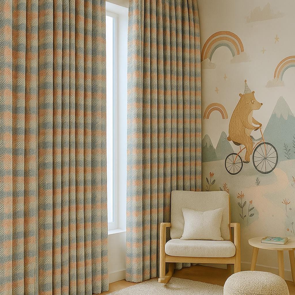Gingham Curtains: Coral and Blue Velvet (Single Panel or Pair) — image 5