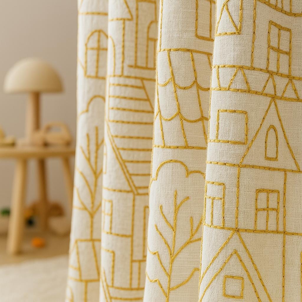 Mustard House & Tree Linen Curtains - Blackout or Light-Filtering Panels — image 1