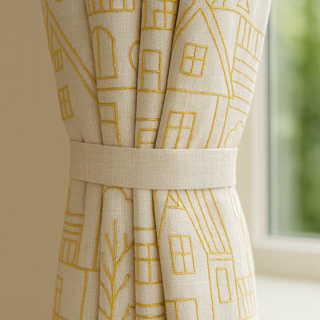 Mustard House & Tree Linen Curtains - Blackout or Light-Filtering Panels — image 2