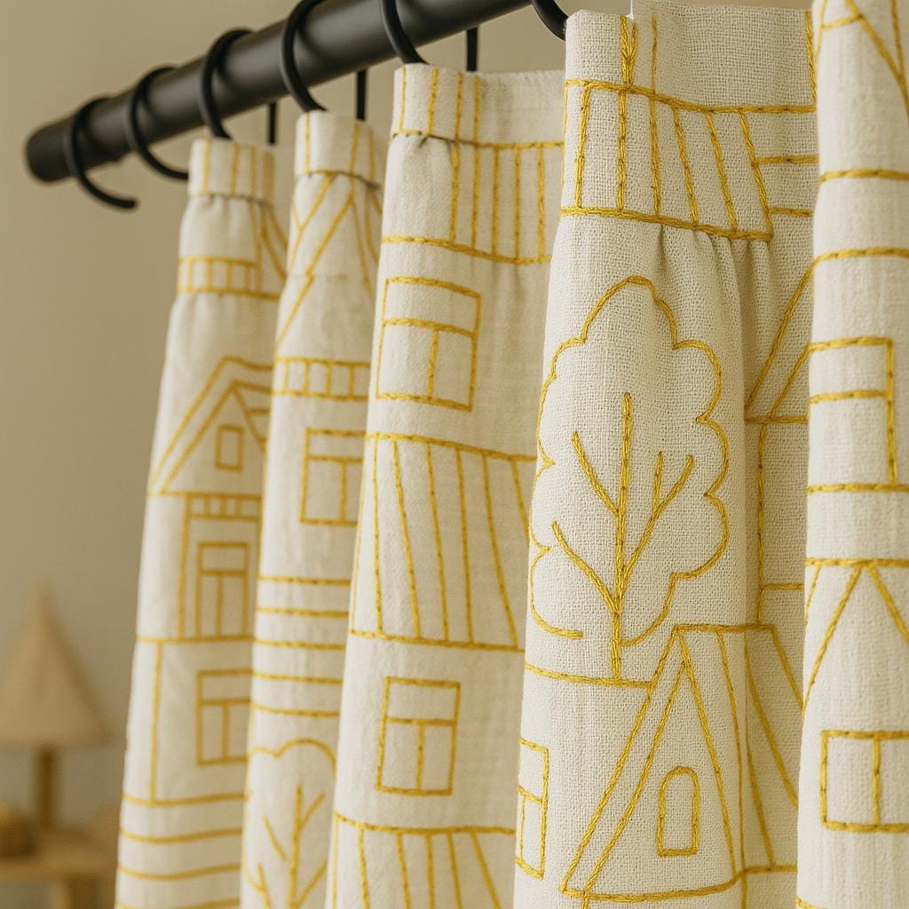 Mustard House & Tree Linen Curtains - Blackout or Light-Filtering Panels — image 4