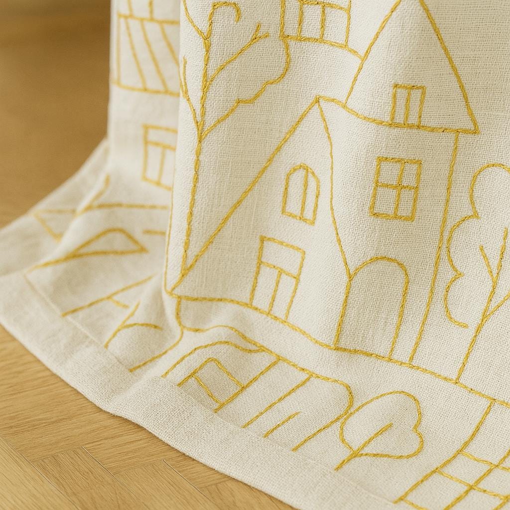 Mustard House & Tree Linen Curtains - Blackout or Light-Filtering Panels — image 6