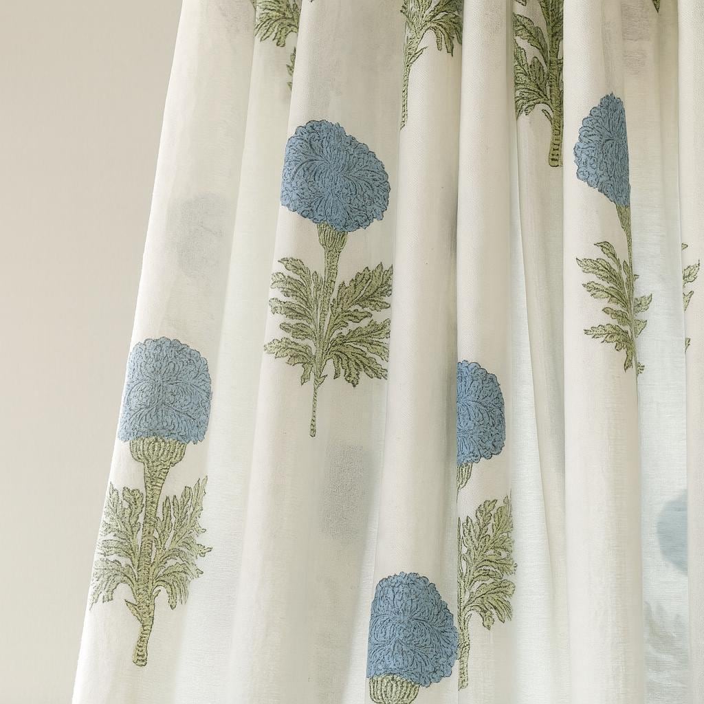 Hand Block Printed Curtains - Organic Cotton, Powder Blue Floral Pattern — image 1