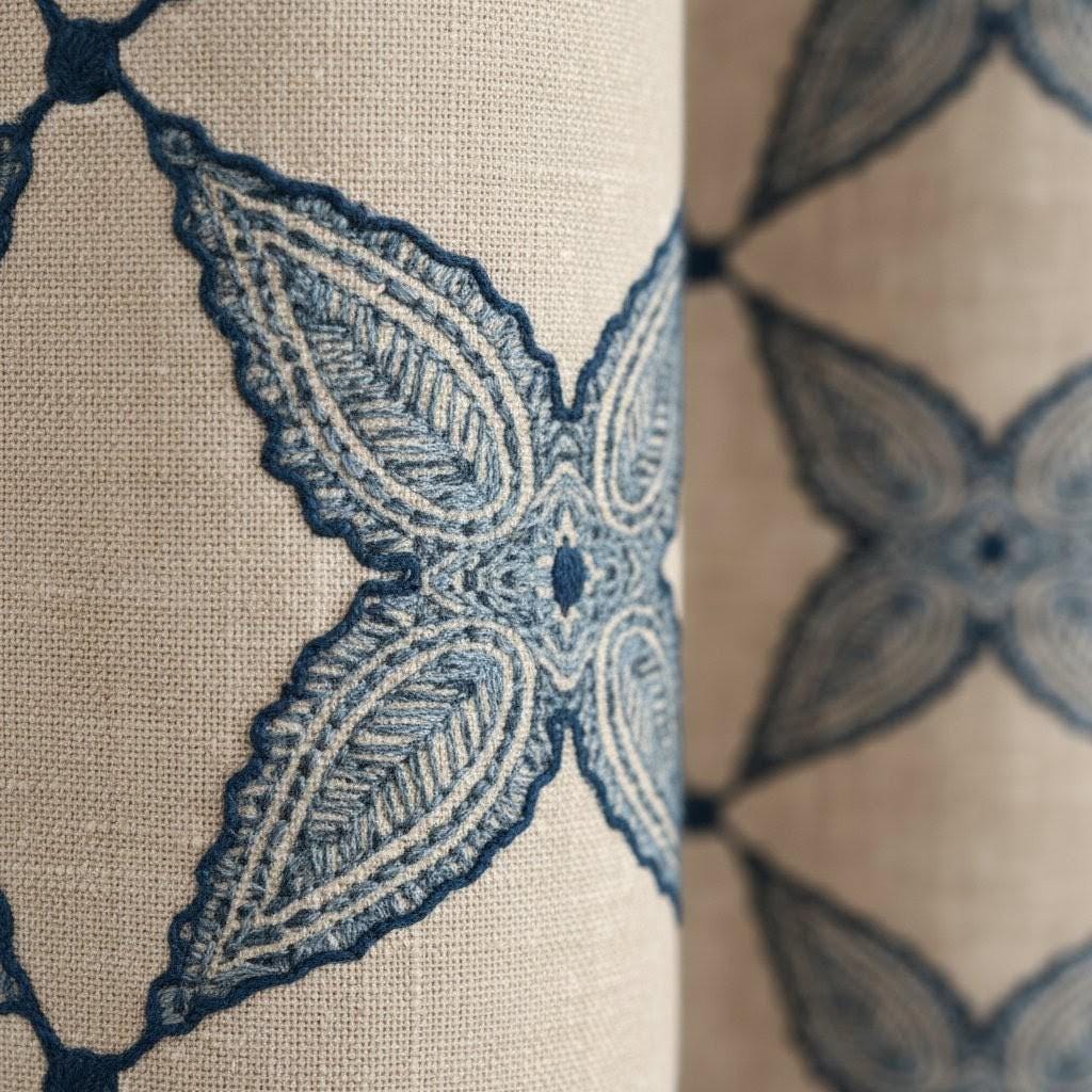 Linen Curtains: Flax Base with Blue Medallion Embroidery - Cotton or Blackout Liner — image 1