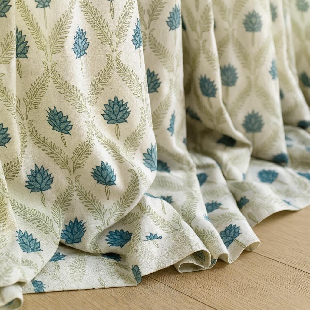 Blue Floral Curtains: Organic Cotton Block Print - Handcrafted — image 1