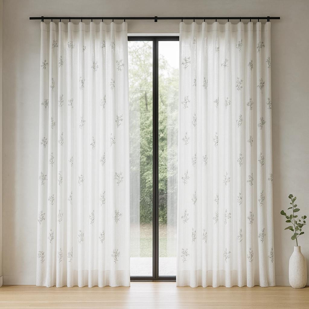 Sheer Linen Curtains: White with Eucalyptus Embroidery - Ripple Fold Style — image 2