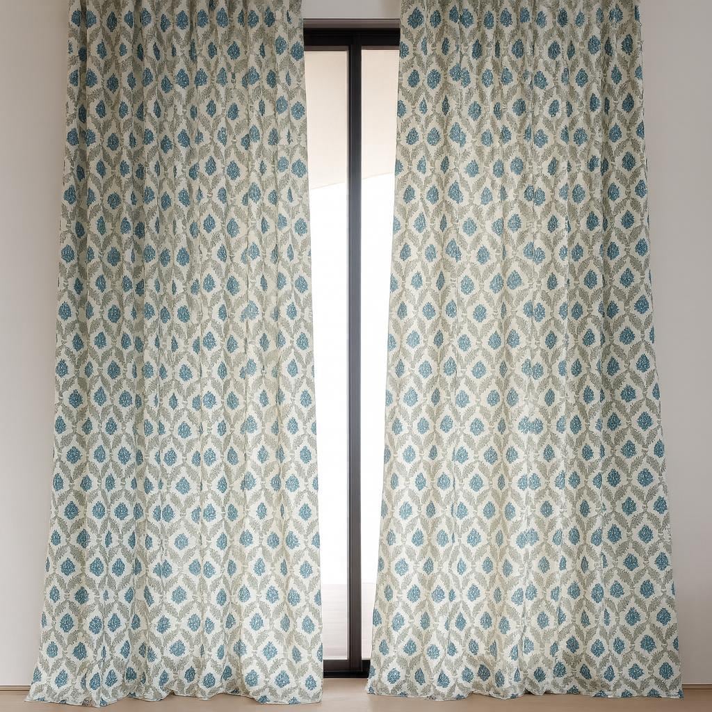 Blue Floral Curtains: Organic Cotton Block Print - Handcrafted — image 1