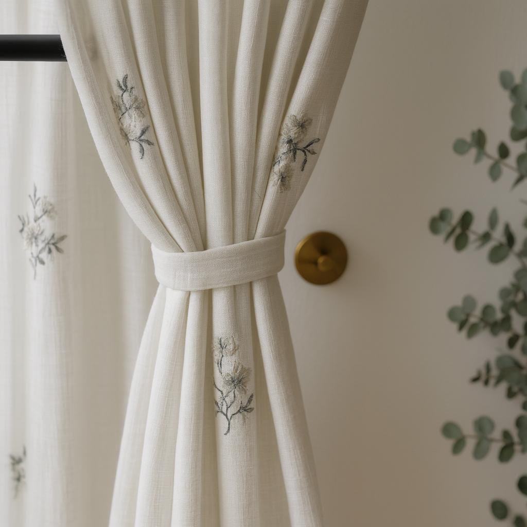 Sheer Linen Curtains: White with Eucalyptus Embroidery - Ripple Fold Style — image 7