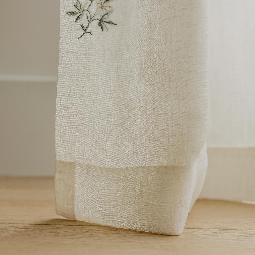 Sheer Linen Curtains: White with Eucalyptus Embroidery - Ripple Fold Style — image 9