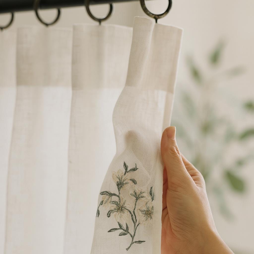 Sheer Linen Curtains: White with Eucalyptus Embroidery - Ripple Fold Style — image 10