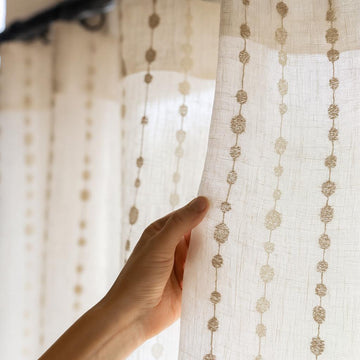 Sheer Linen Curtains: Embroidered Ivory with Taupe Dots (Hooks, Tabs, Grommets) — image 1