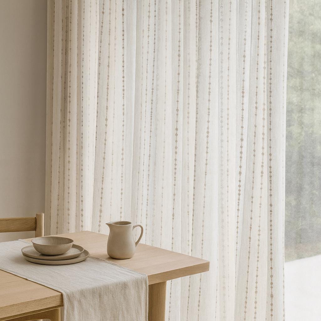 Sheer Linen Curtains: Embroidered Ivory with Taupe Dots (Hooks, Tabs, Grommets) — image 2