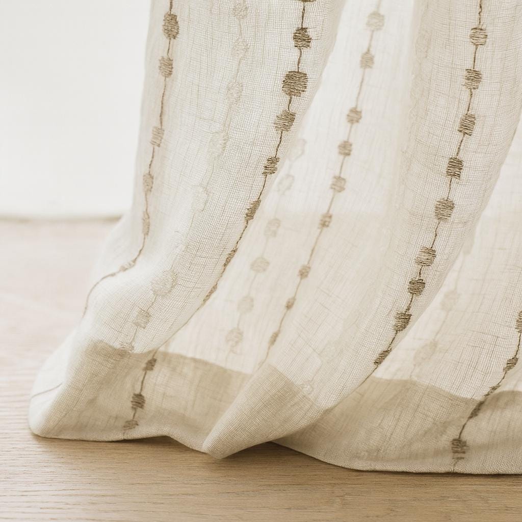 Sheer Linen Curtains: Embroidered Ivory with Taupe Dots (Hooks, Tabs, Grommets) — image 5