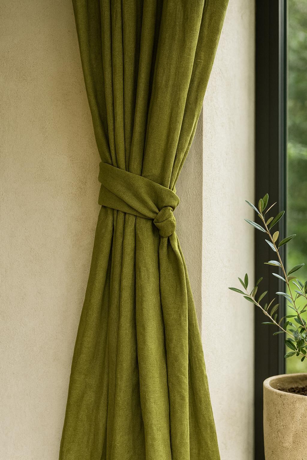 Pure Linen Curtains: Olive Moss Green - Organic Cotton or Blackout Liner — image 1