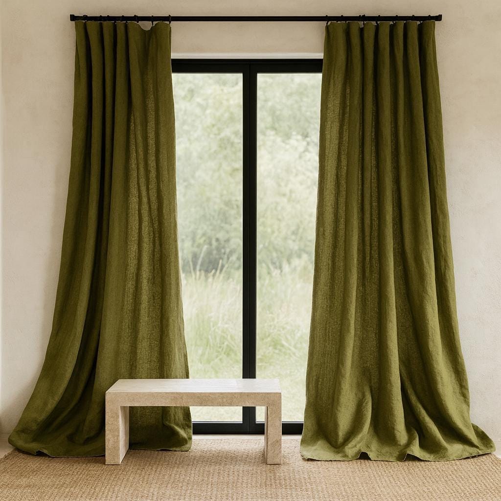 Pure Linen Curtains: Olive Moss Green - Organic Cotton or Blackout Liner — image 7