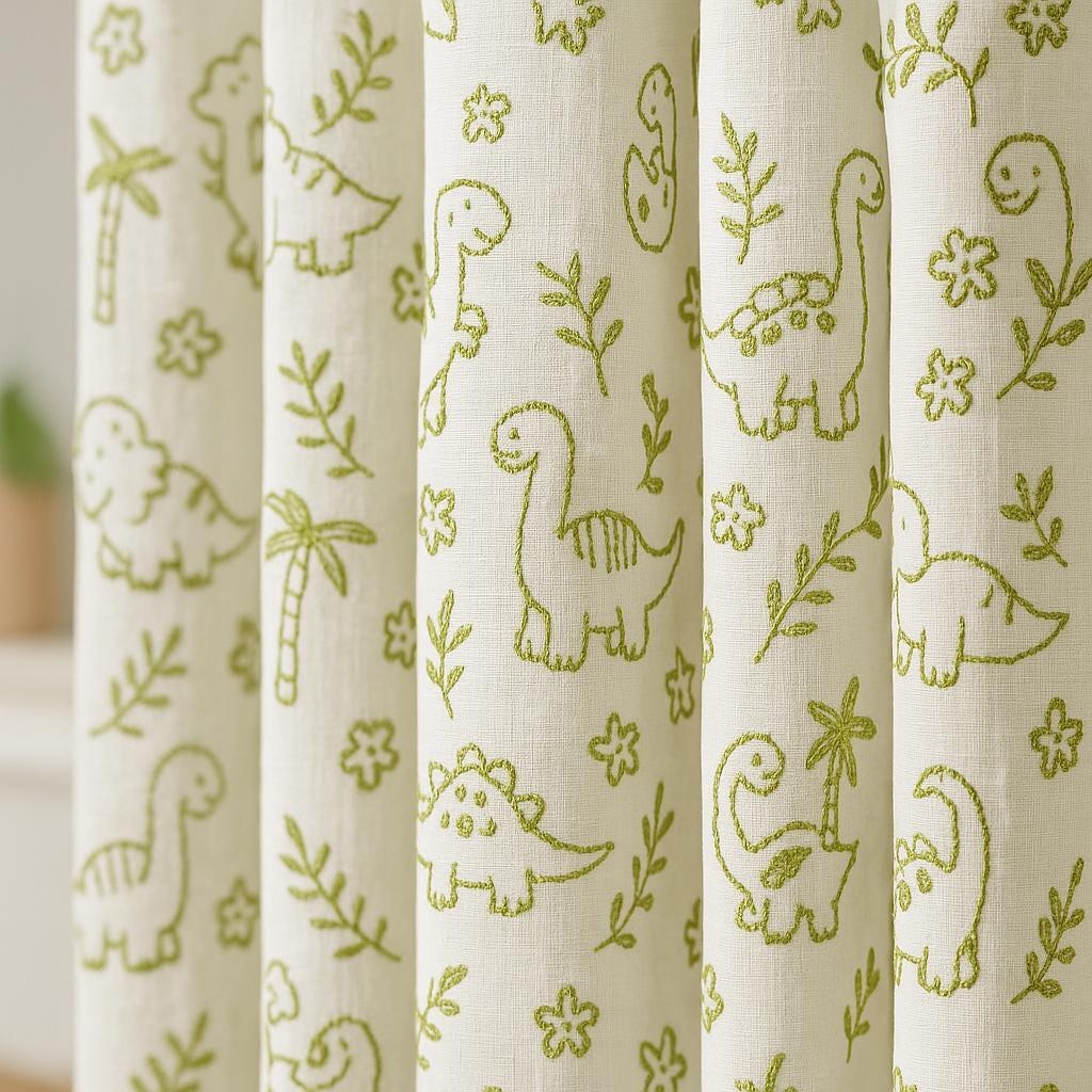 Organic Linen Kids Curtains, Dinosaur & Palm Embroidery (Blackout or Light-Filtering) — image 1