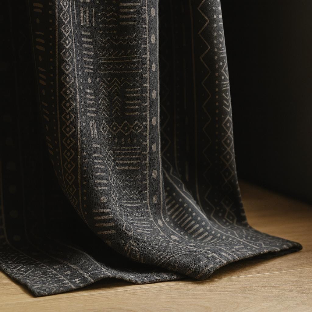 Organic Cotton Mudcloth Curtains: Charcoal Black & Light Grey Tribal Print — image 1