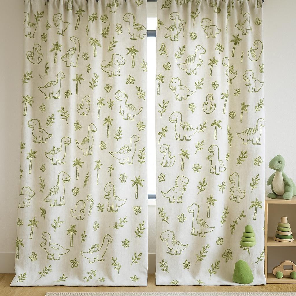 Organic Linen Kids Curtains, Dinosaur & Palm Embroidery (Blackout or Light-Filtering) — image 3