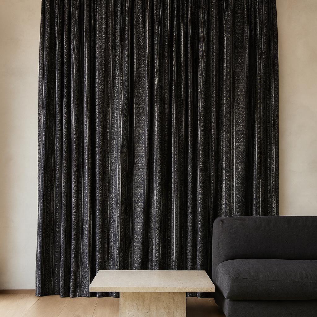 Organic Cotton Mudcloth Curtains: Charcoal Black & Light Grey Tribal Print — image 1
