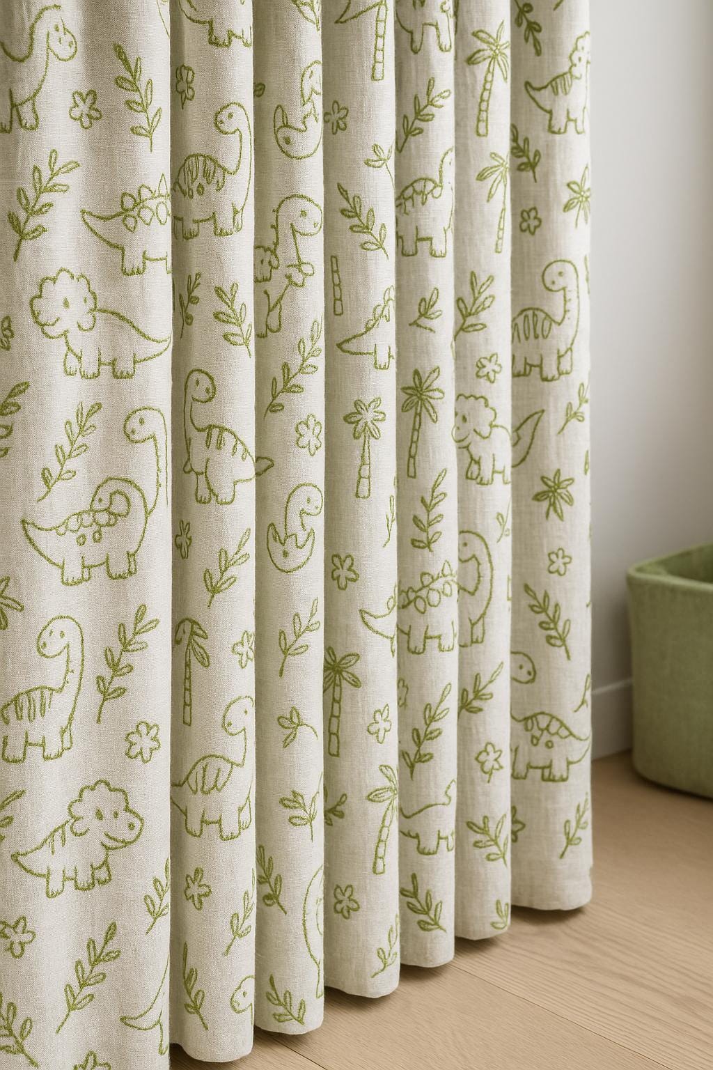 Organic Linen Kids Curtains, Dinosaur & Palm Embroidery (Blackout or Light-Filtering) — image 7