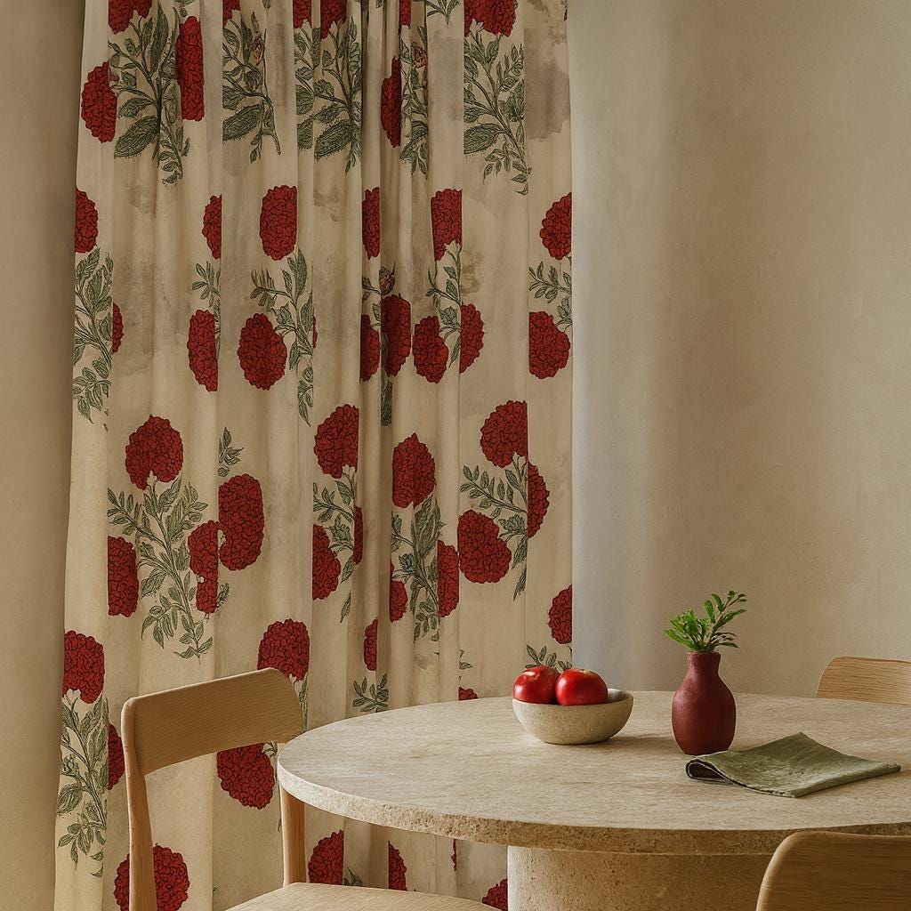 Floral Curtains: Organic Cotton Red and Sage Print (Unlined, Lined, Blackout) — image 1