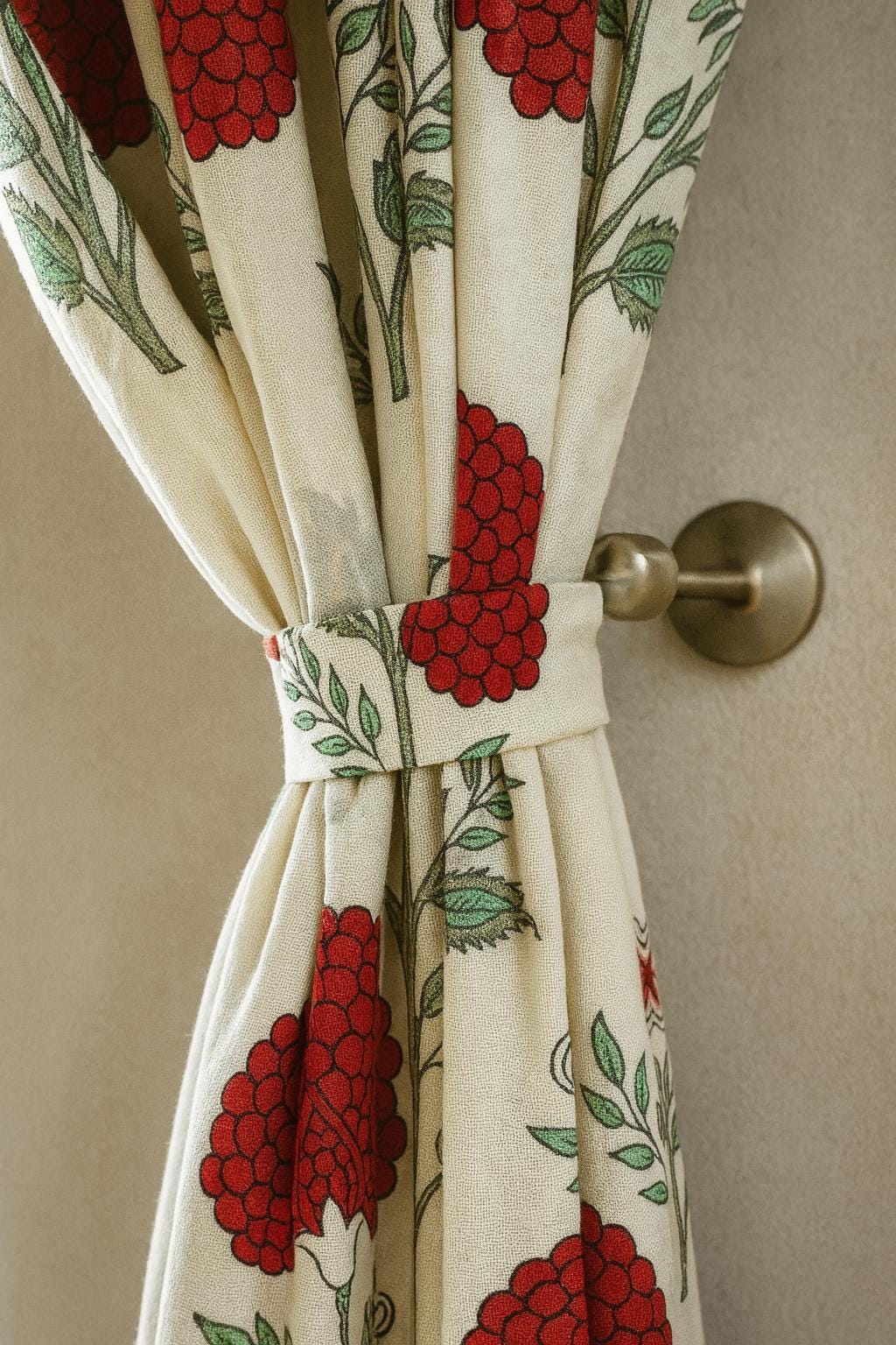 Floral Curtains: Organic Cotton Red and Sage Print (Unlined, Lined, Blackout) — image 1
