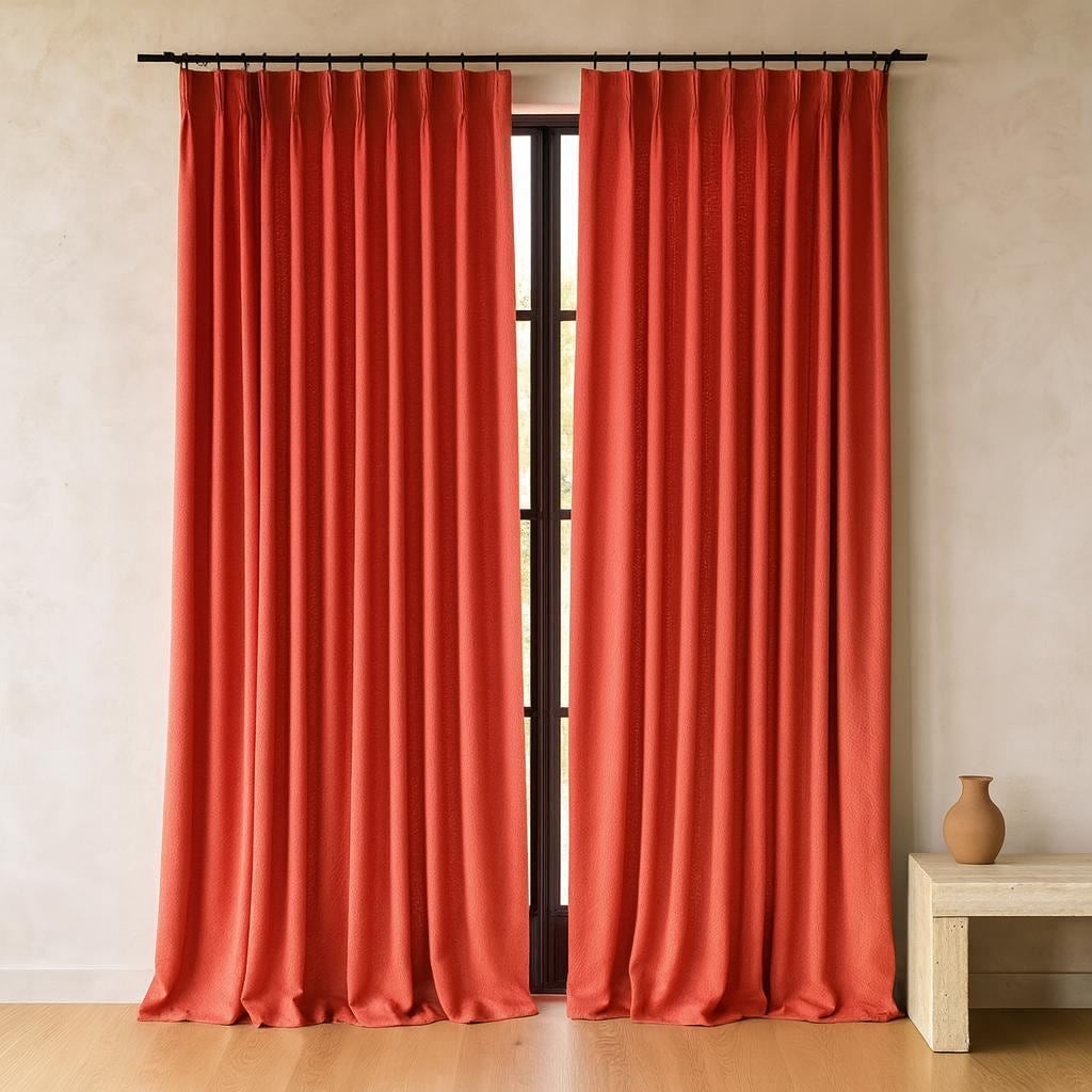 Coral Linen Pinch Pleat Curtains, Herringbone Texture (Custom Width & Length) — image 1
