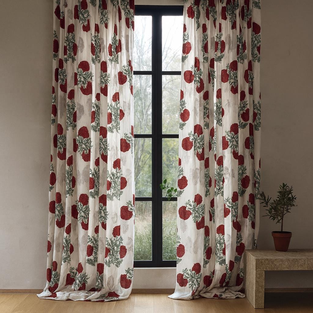 Floral Curtains: Organic Cotton Red and Sage Print (Unlined, Lined, Blackout) — image 7