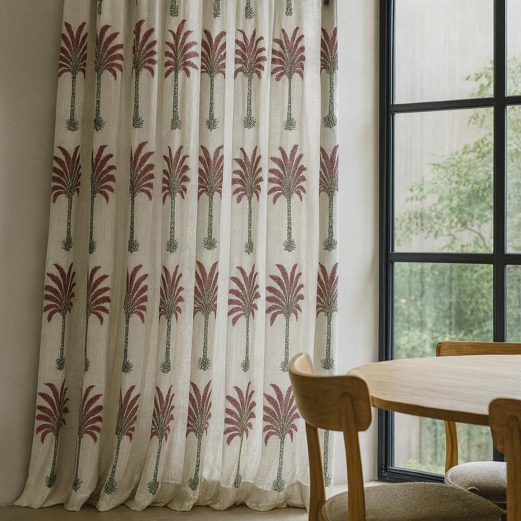 Hand Block Printed Cotton Curtains, White & Magenta Palm (Custom Width and Height) — image 1