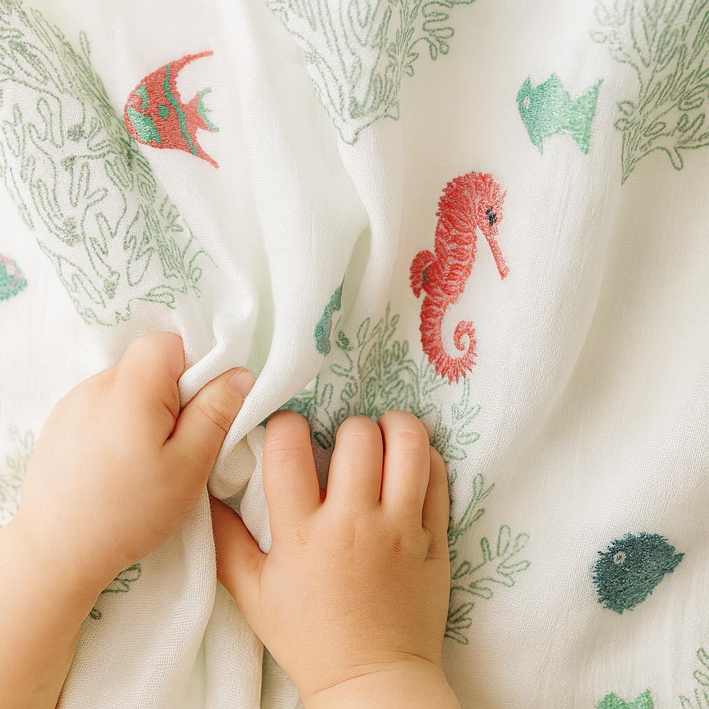 Embroidered Linen Curtains: Sea Coral Nursery, Made to Measure — image 1