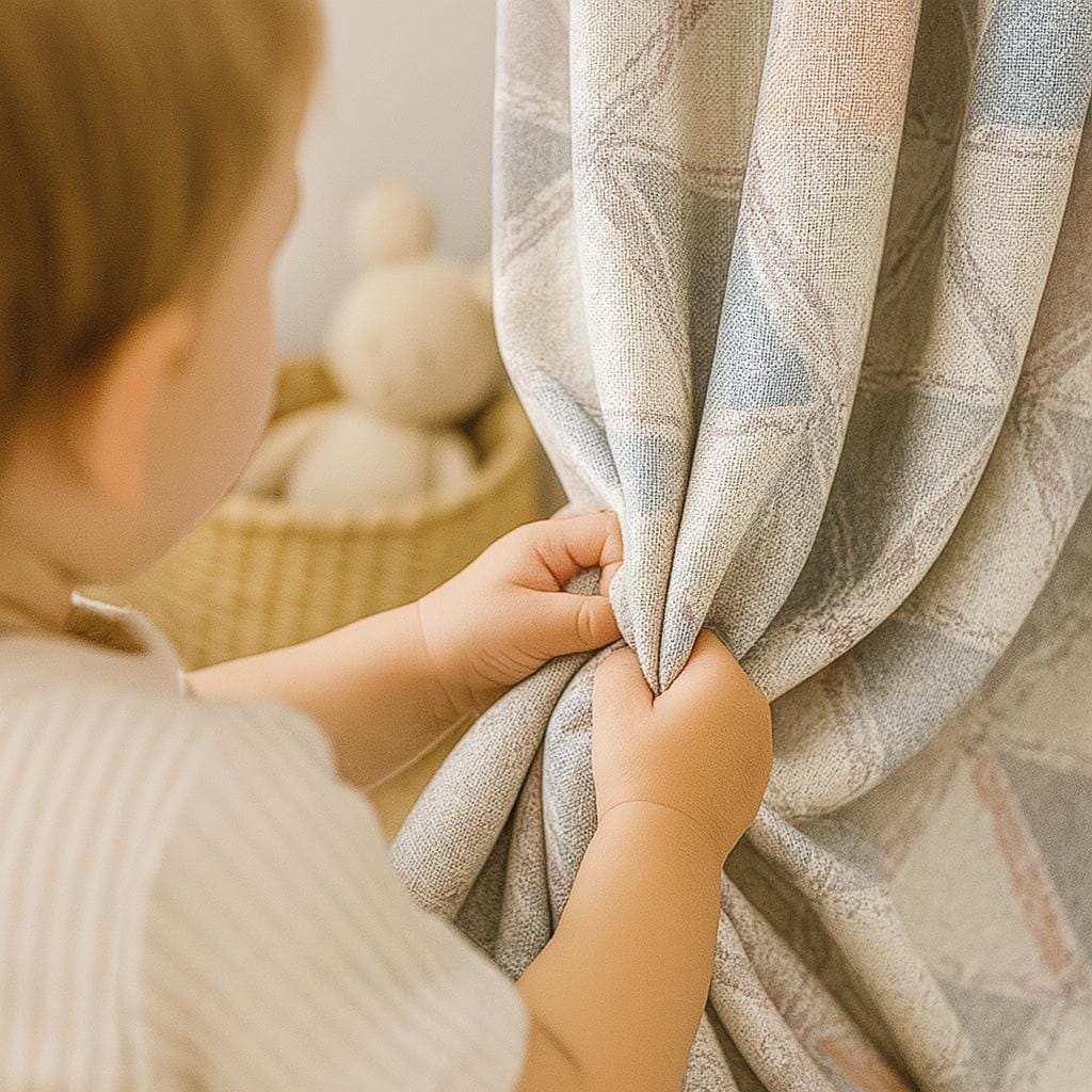Kids Room Linen Curtains, Blush Pink & Blue Triangles (Blackout or Light Filtering) — image 2
