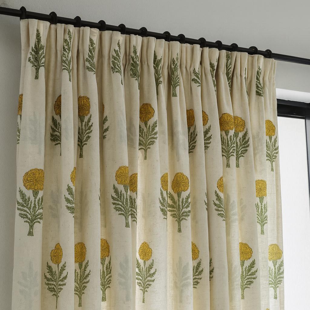 Organic Cotton Curtains: Hand Block-Printed Floral Design (Multiple Sizes & Linings) — image 1