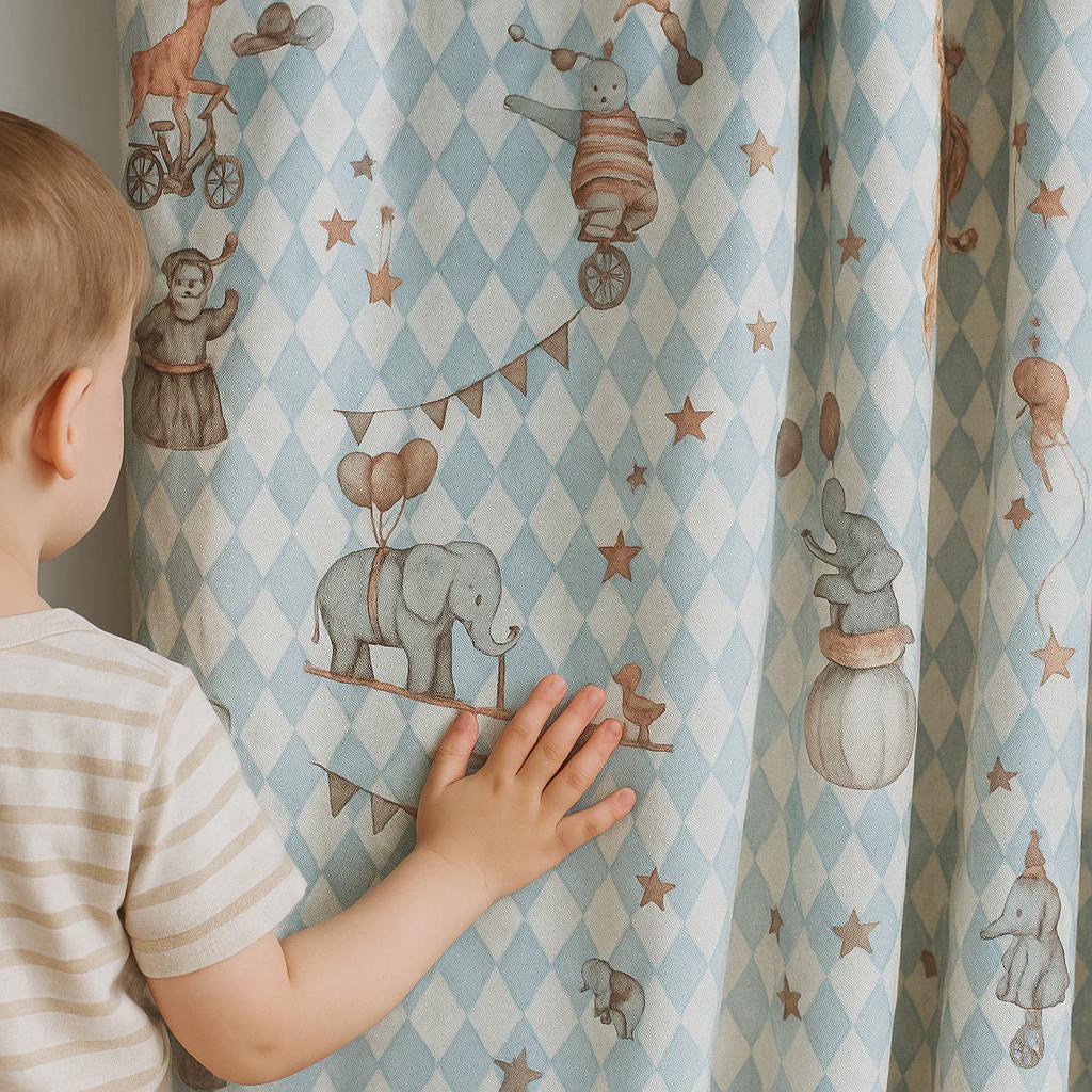 Circus Animal Curtains: Blue Harlequin Linen (Blackout or Cotton Lined) — image 1