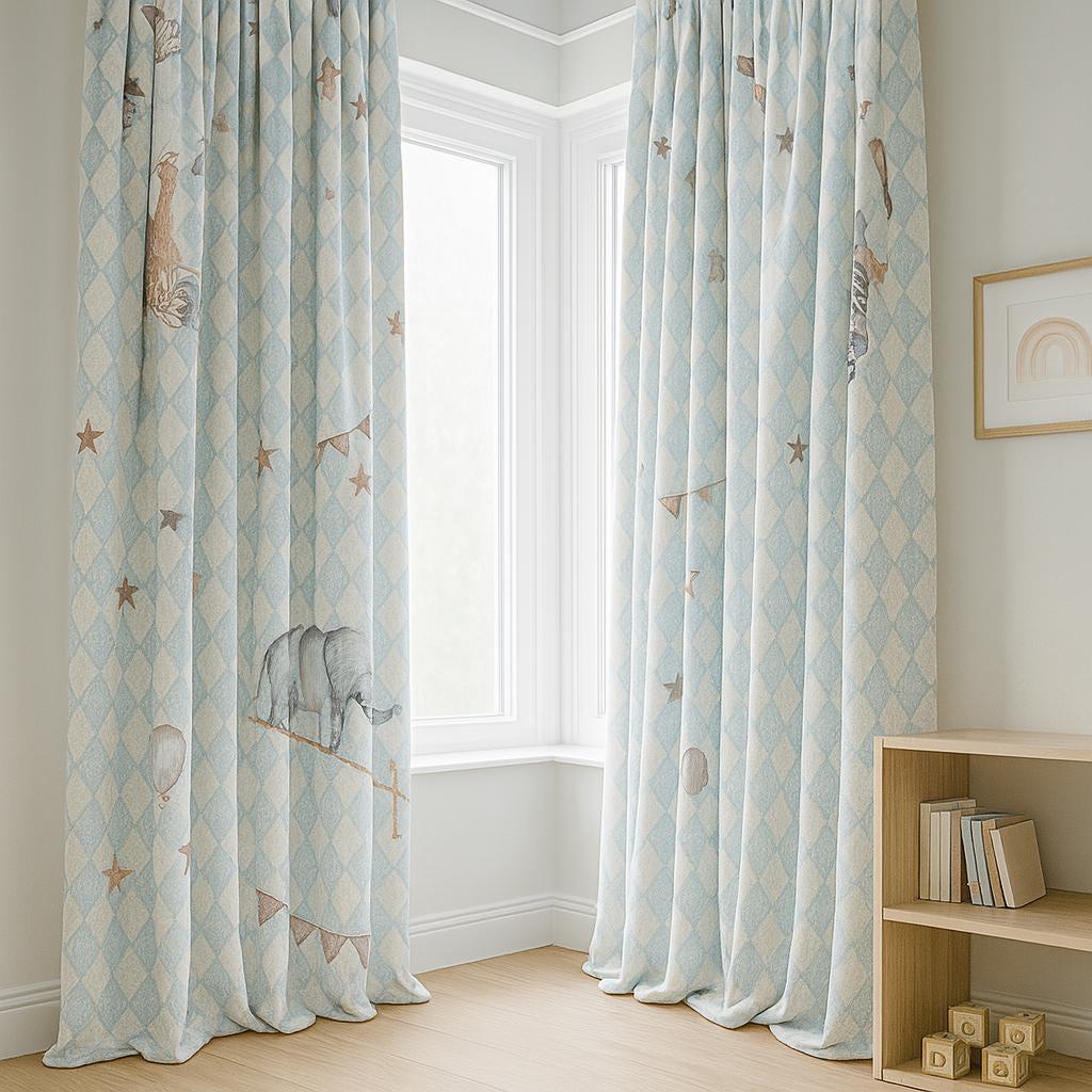 Circus Animal Curtains: Blue Harlequin Linen (Blackout or Cotton Lined) — image 2