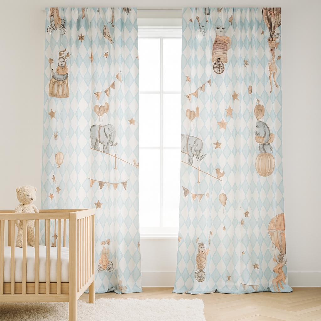 Circus Animal Curtains: Blue Harlequin Linen (Blackout or Cotton Lined) — image 8