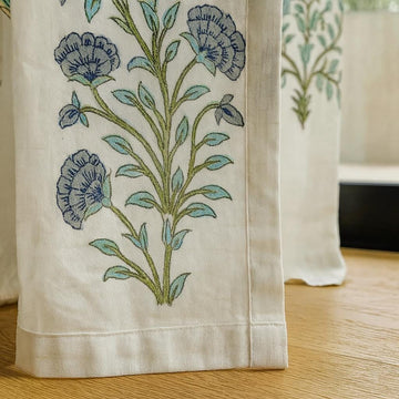 Block Print Curtains: Organic Cotton Floral Blue-Grey Sage (Custom Sizes) — image 1