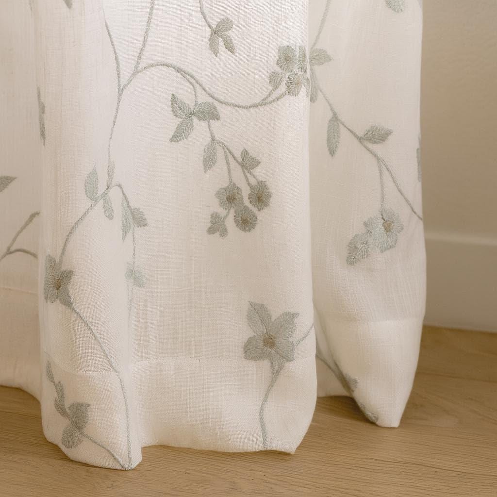 White Linen Sheer Curtains: Eucalyptus Vine Embroidery (Hooks, Grommets, Rod Pocket) — image 1