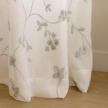 White Linen Sheer Curtains: Eucalyptus Vine Embroidery (Hooks, Grommets, Rod Pocket) — image 1