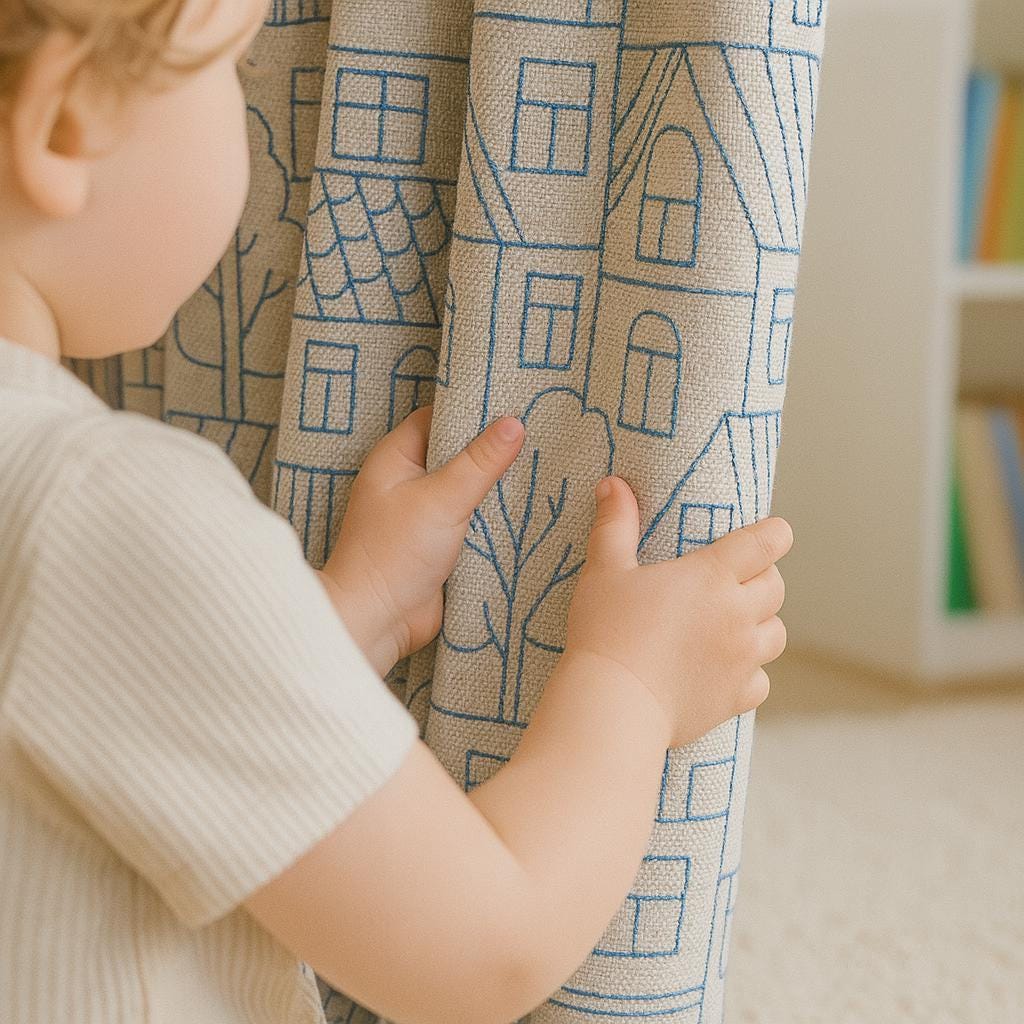 Embroidered Kids Curtains: Blue Cityscape on Beige Linen (Multiple Liners) — image 2