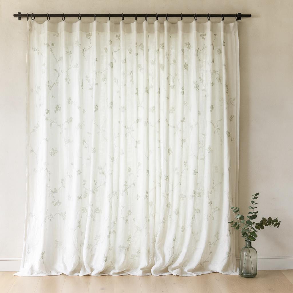 White Linen Sheer Curtains: Eucalyptus Vine Embroidery (Hooks, Grommets, Rod Pocket) — image 2
