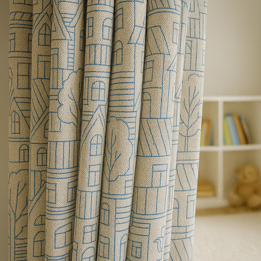 Embroidered Kids Curtains: Blue Cityscape on Beige Linen (Multiple Liners) — image 3