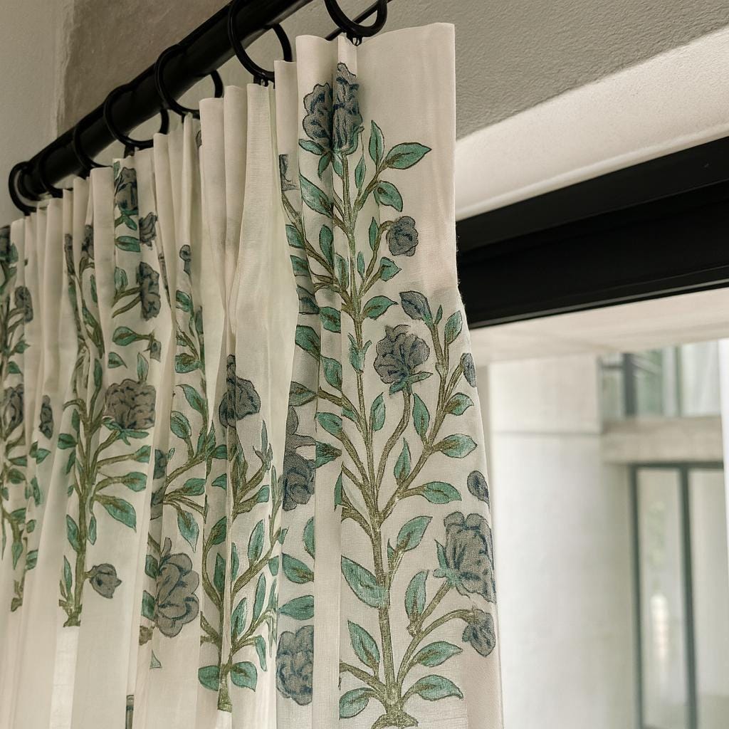 Block Print Curtains: Organic Cotton Floral Blue-Grey Sage (Custom Sizes) — image 3
