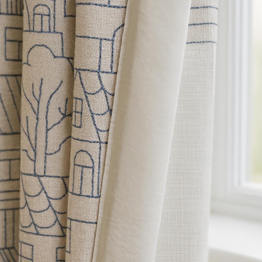 Embroidered Kids Curtains: Blue Cityscape on Beige Linen (Multiple Liners) — image 4