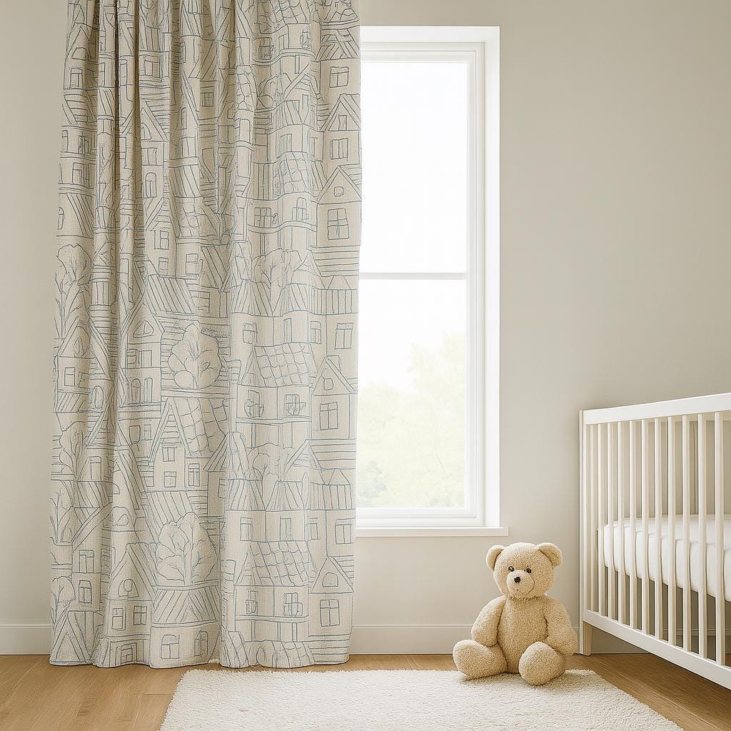Embroidered Kids Curtains: Blue Cityscape on Beige Linen (Multiple Liners) — image 6