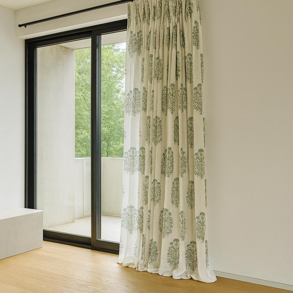 Block Print Curtains: Organic Cotton Floral Blue-Grey Sage (Custom Sizes) — image 6